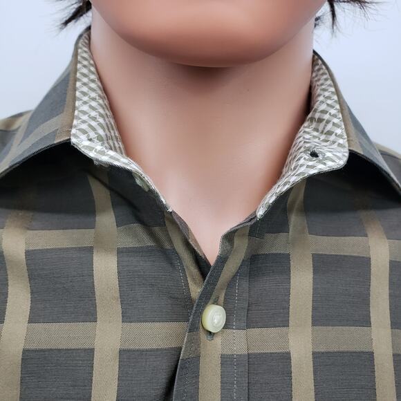 JOHNSTON & MURPHY Contrast Flip Cuff Neck Check Windowpane Dress Shirt Men L - Picture 11 of 12